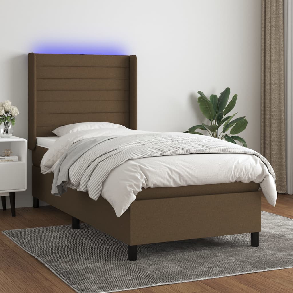 Boxspring met matras en LED stof donkerbruin 100x200 cm – afbeelding 1