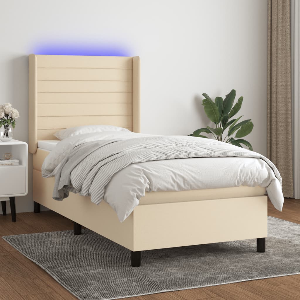 Boxspring met matras en LED stof crèmekleurig 100x200 cm – afbeelding 1