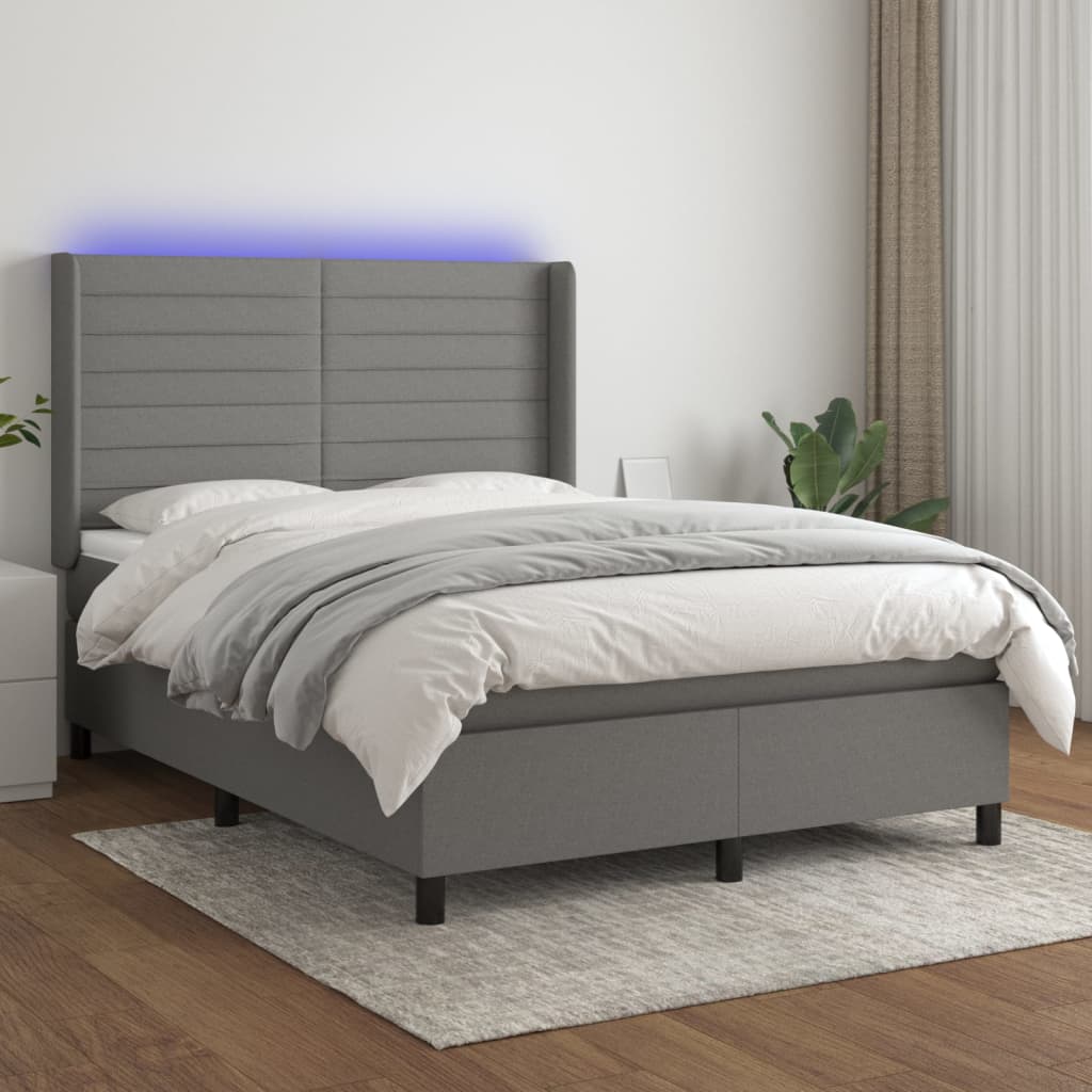Boxspring met matras en LED stof donkergrijs 140x190 cm – afbeelding 1