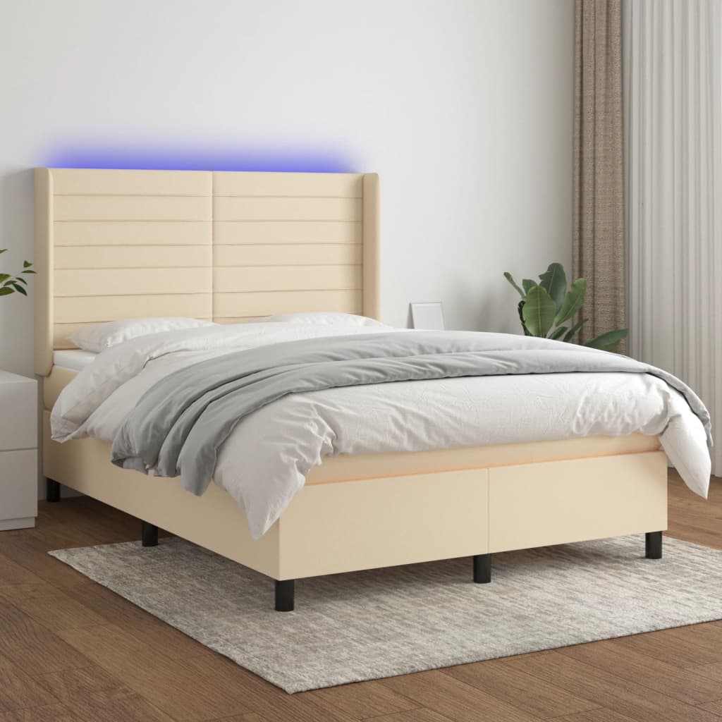 Boxspring met matras en LED stof crèmekleurig 140x190 cm – afbeelding 1