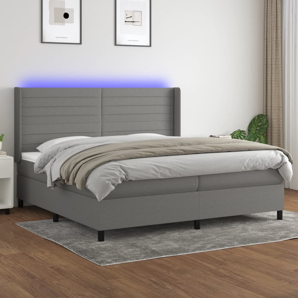 Boxspring met matras en LED stof donkergrijs 200x200 cm – afbeelding 1