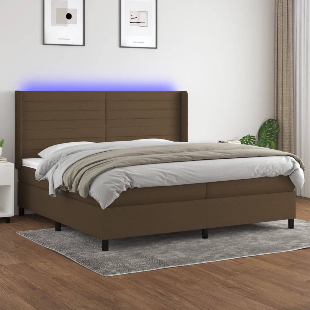 Boxspring met matras en LED stof donkerbruin 200x200 cm – afbeelding 1