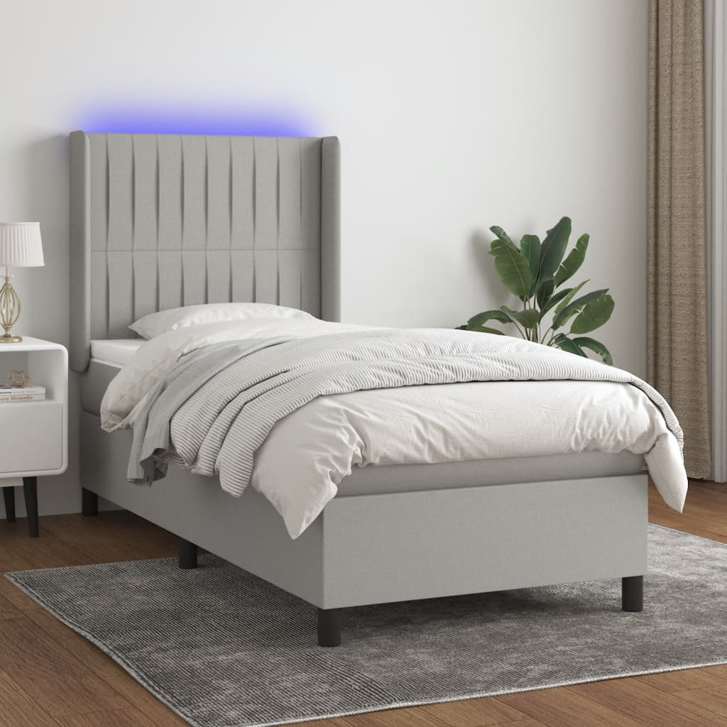 Boxspring met matras en LED stof lichtgrijs 90x190 cm – afbeelding 1
