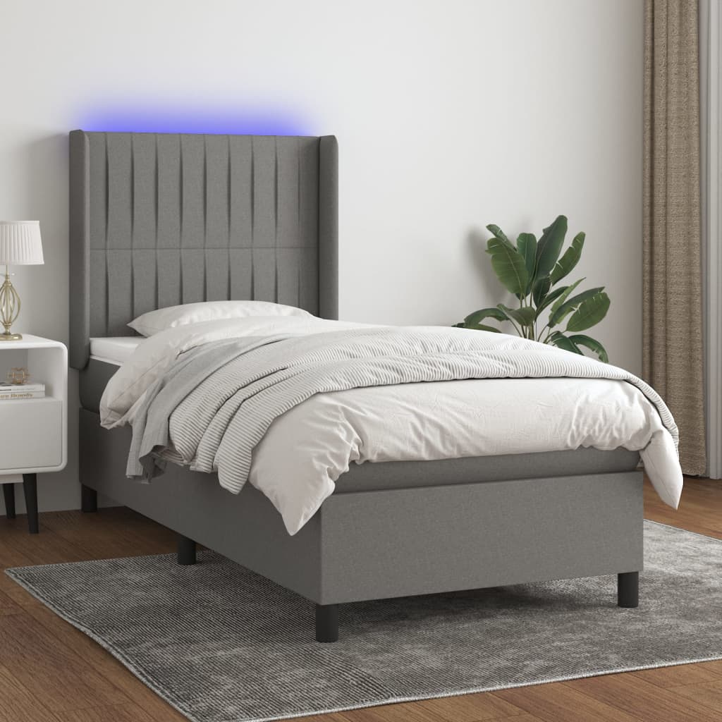 Boxspring met matras en LED stof donkergrijs 90x190 cm – afbeelding 1