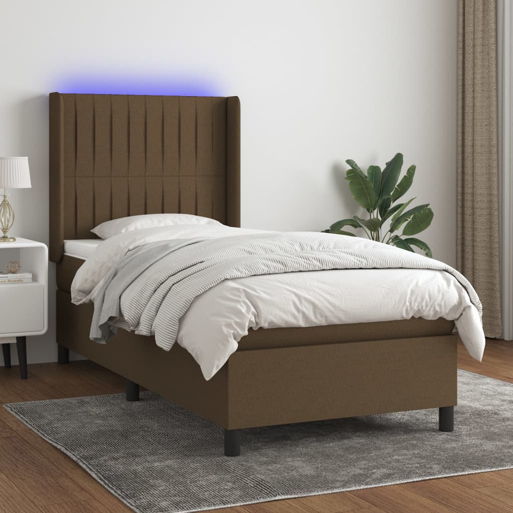 Boxspring met matras en LED stof donkerbruin 90x190 cm – afbeelding 1