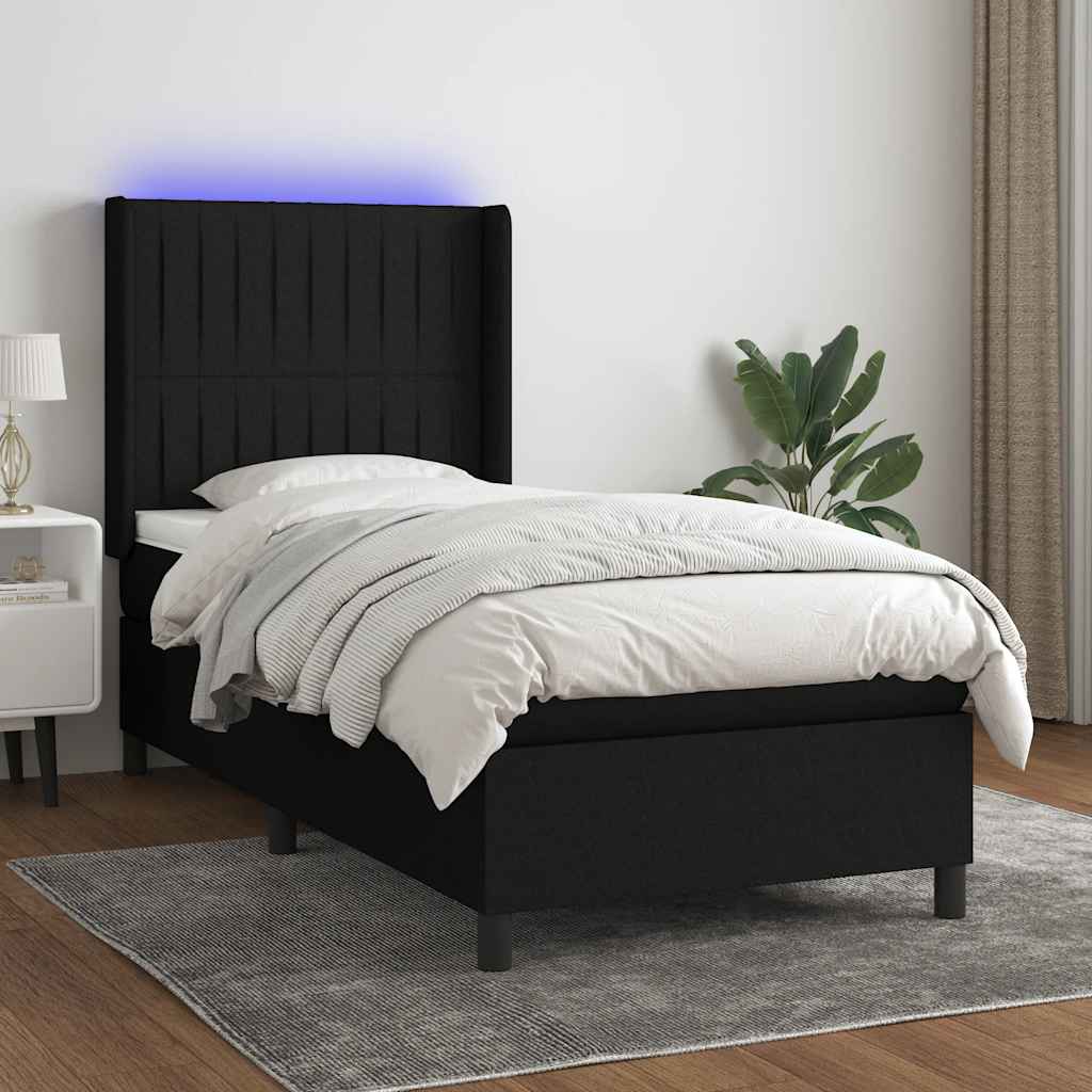 Boxspring met matras en LED stof zwart 90x200 cm – afbeelding 1
