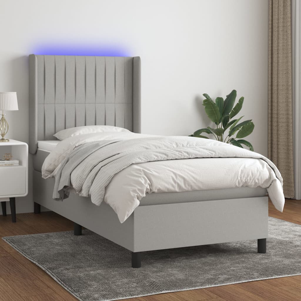 Boxspring met matras en LED stof lichtgrijs 100x200 cm – afbeelding 1