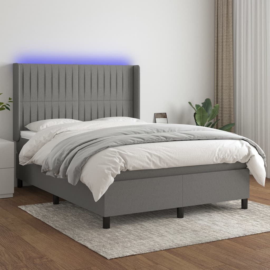 Boxspring met matras en LED stof donkergrijs 140x190 cm – afbeelding 1