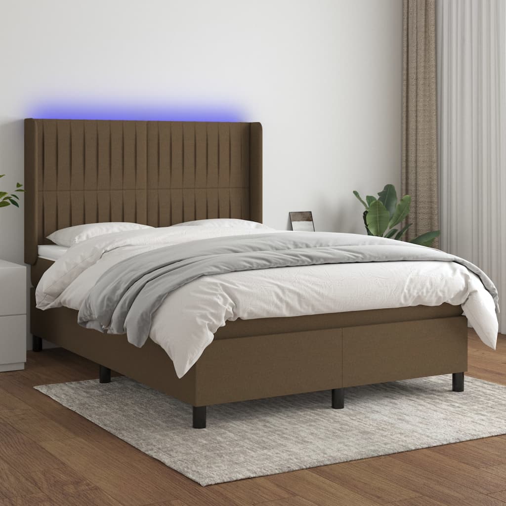 Boxspring met matras en LED stof donkerbruin 140x190 cm – afbeelding 1