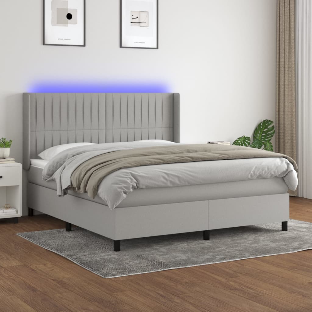 Boxspring met matras en LED stof lichtgrijs 160x200 cm – afbeelding 1