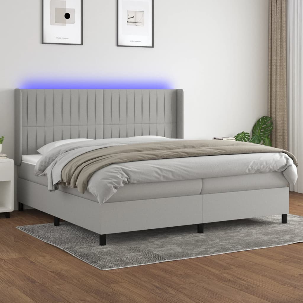 Boxspring met matras en LED stof lichtgrijs 200x200 cm – afbeelding 1