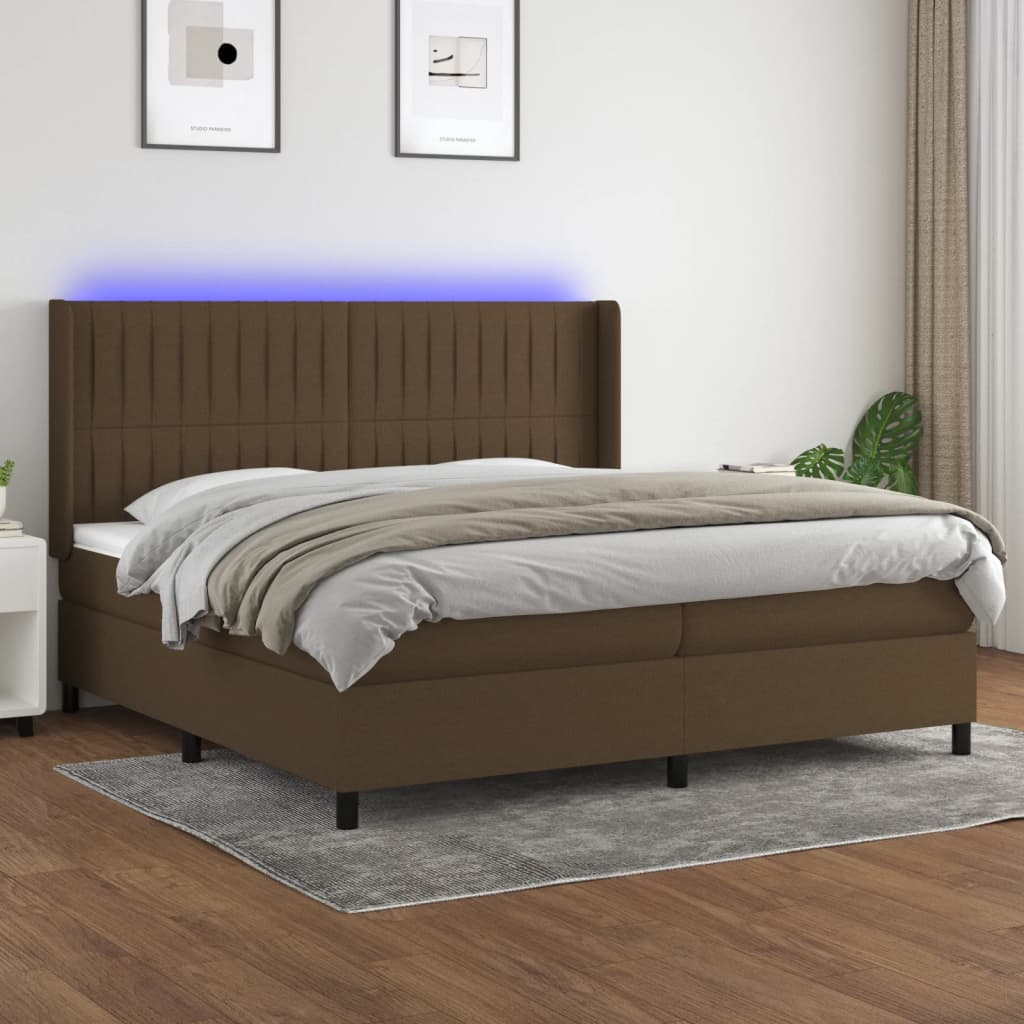 Boxspring met matras en LED stof donkerbruin 200x200 cm – afbeelding 1
