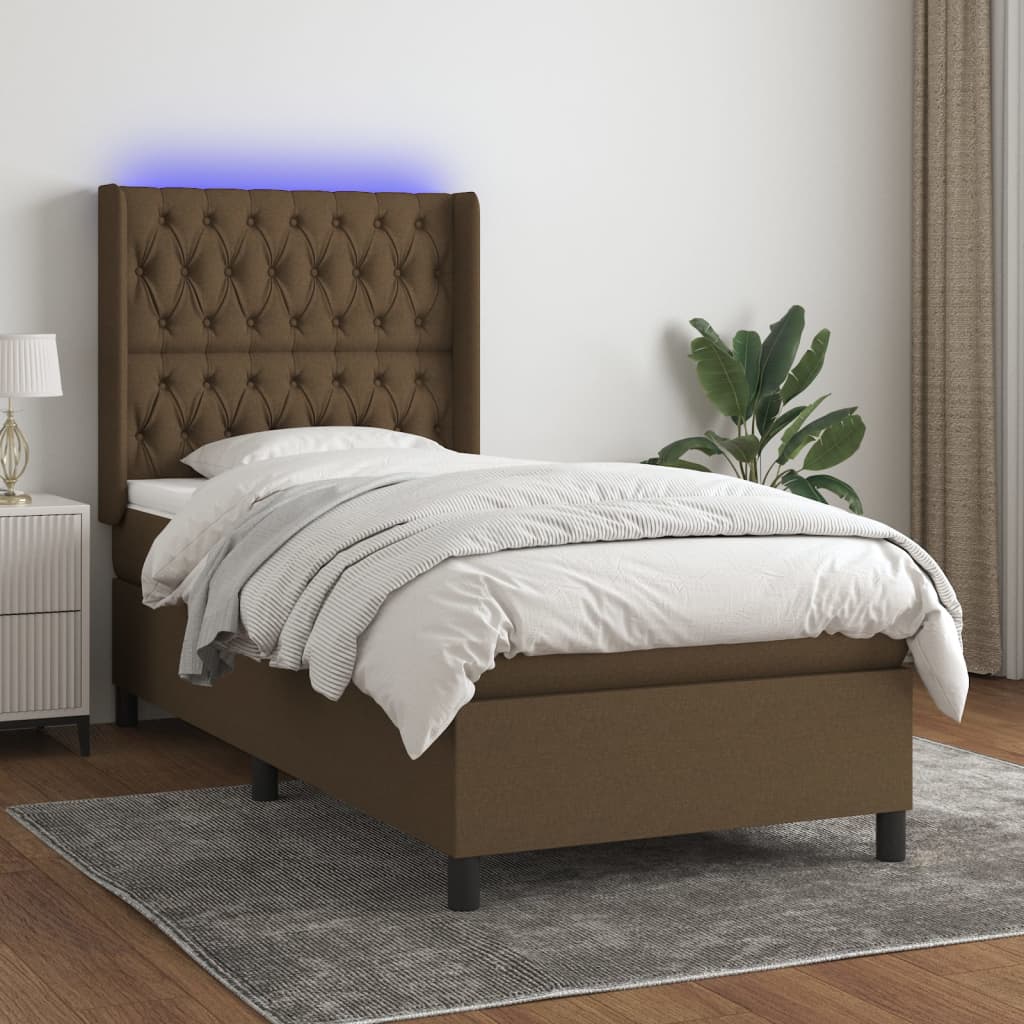 Boxspring met matras en LED stof donkerbruin 90x190 cm – afbeelding 1