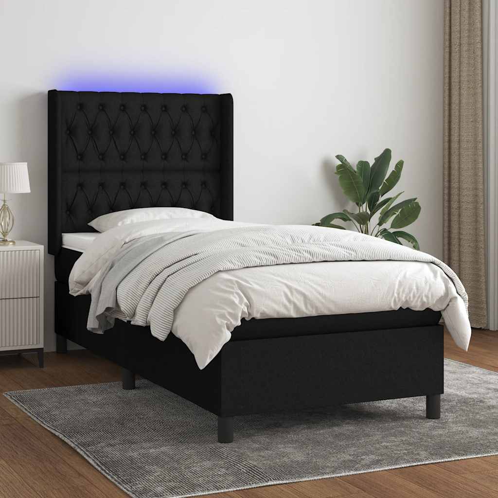 Boxspring met matras en LED stof zwart 90x200 cm – afbeelding 1