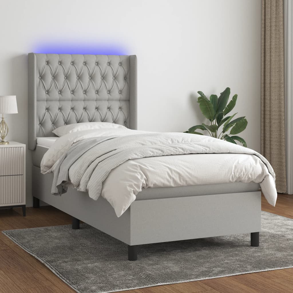 Boxspring met matras en LED stof lichtgrijs 100x200 cm – afbeelding 1