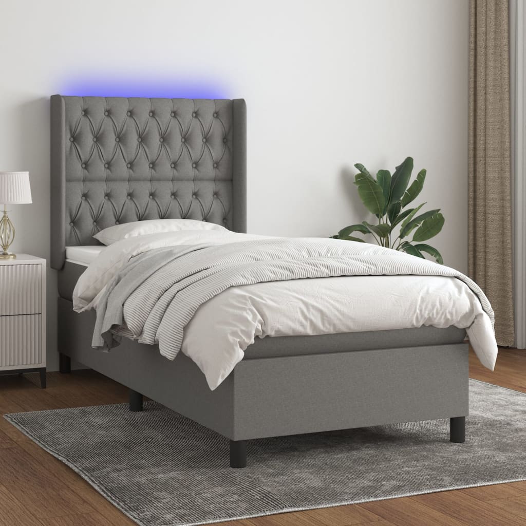 Boxspring met matras en LED stof donkergrijs 100x200 cm – afbeelding 1