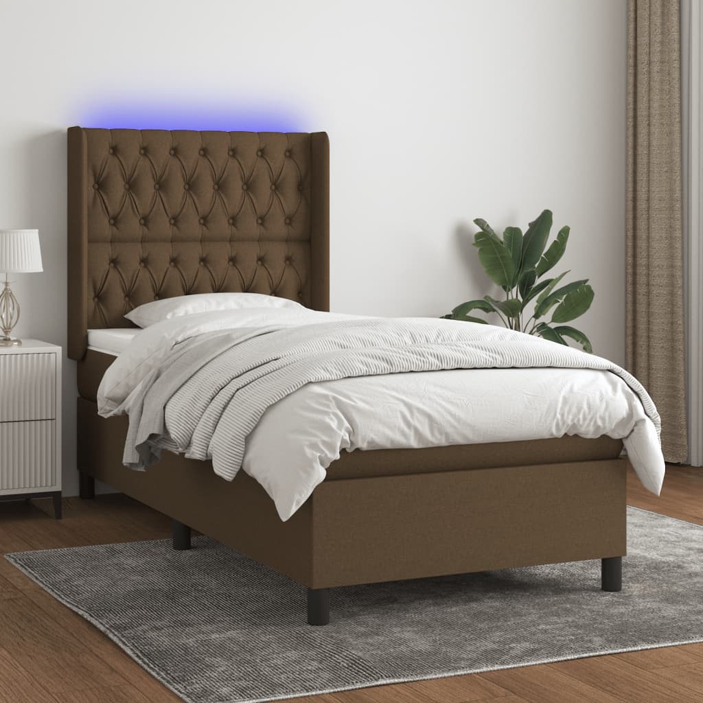 Boxspring met matras en LED stof donkerbruin 100x200 cm – afbeelding 1