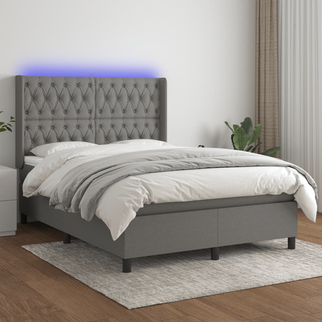 Boxspring met matras en LED stof donkergrijs 140x190 cm – afbeelding 1