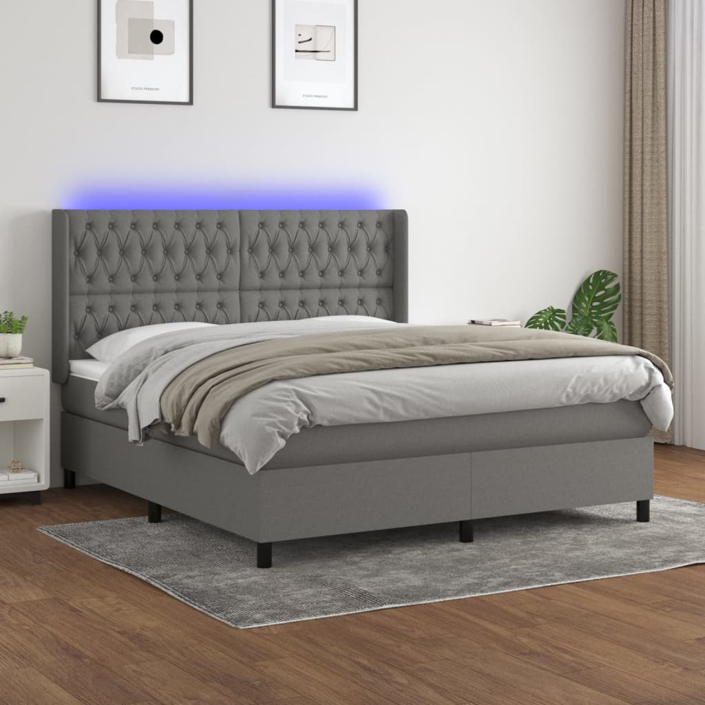 Boxspring met matras en LED stof donkergrijs 160x200 cm – afbeelding 1