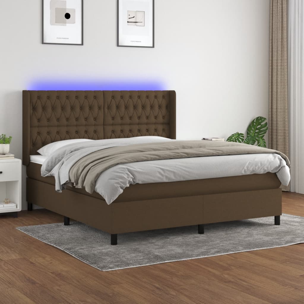 Boxspring met matras en LED stof donkerbruin 160x200 cm – afbeelding 1