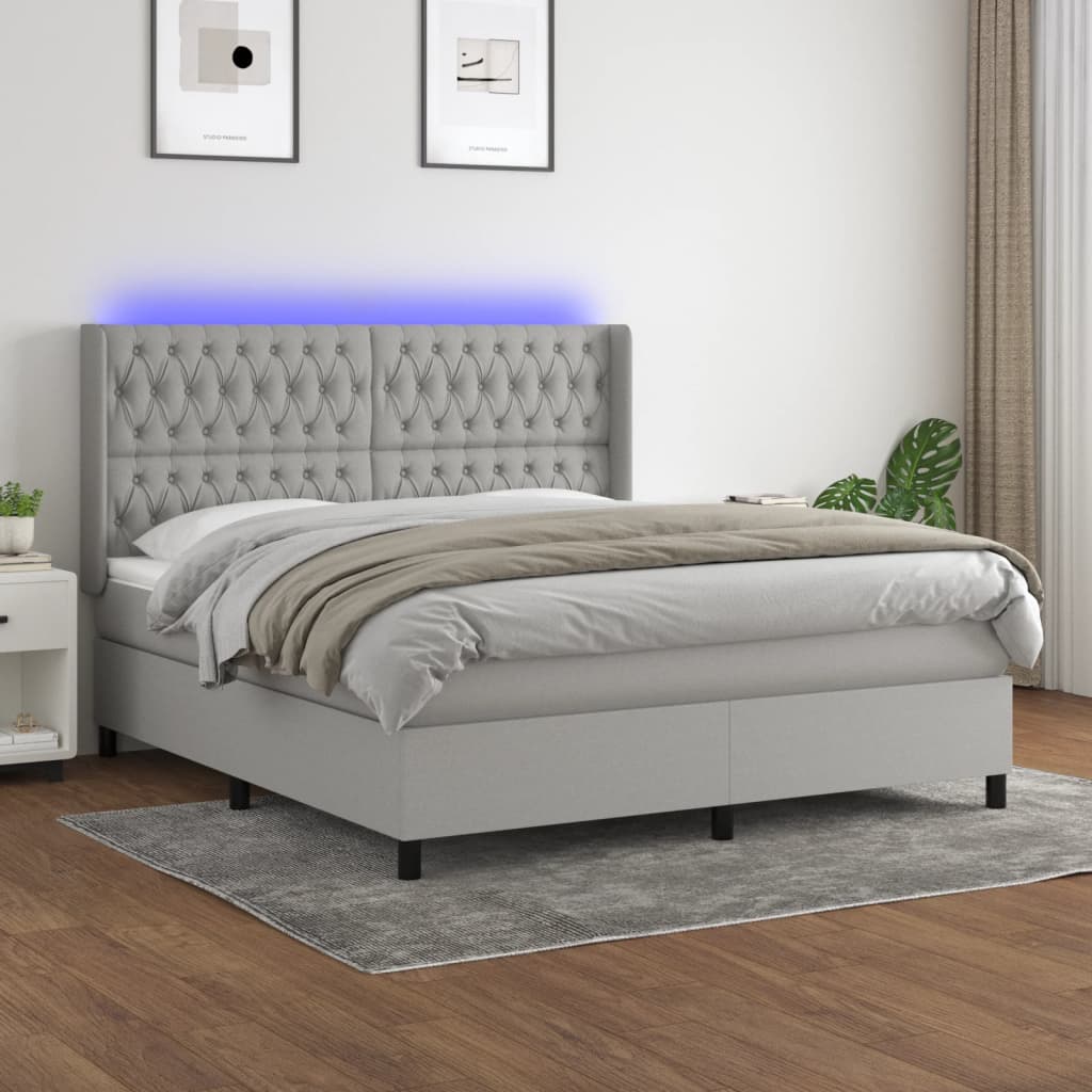 Boxspring met matras en LED stof lichtgrijs 180x200 cm – afbeelding 1