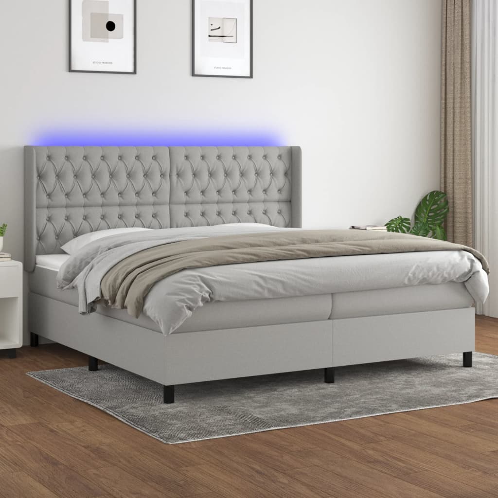 Boxspring met matras en LED stof lichtgrijs 200x200 cm – afbeelding 1