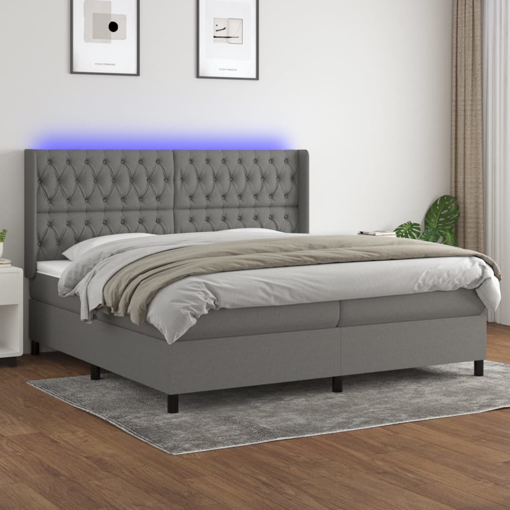Boxspring met matras en LED stof donkergrijs 200x200 cm – afbeelding 1