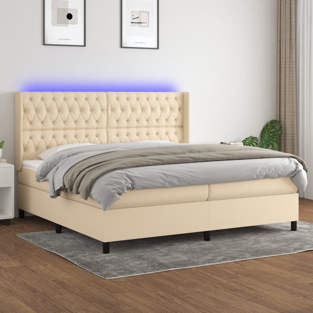 Boxspring met matras en LED stof crèmekleurig 200x200 cm – afbeelding 1