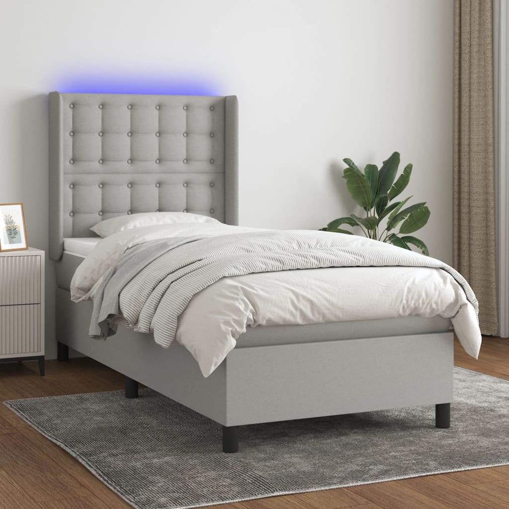 Boxspring met matras en LED stof lichtgrijs 90x190 cm – afbeelding 1