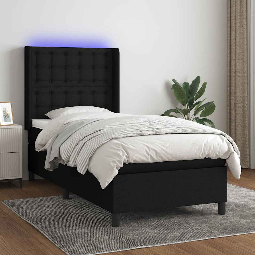 Boxspring met matras en LED stof zwart 90x200 cm – afbeelding 1
