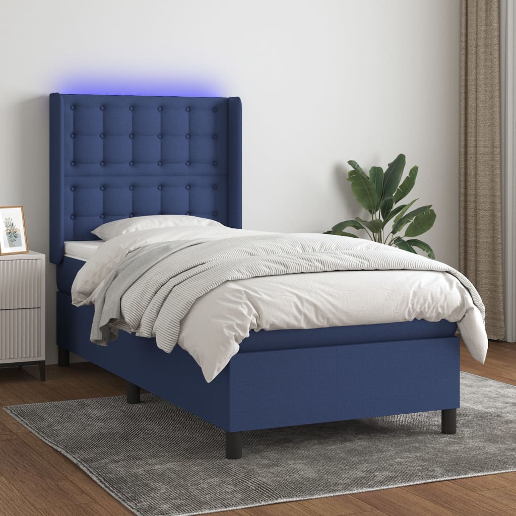 Boxspring met matras en LED stof blauw 100x200 cm – afbeelding 1
