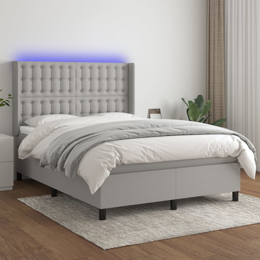 Boxspring met matras en LED stof lichtgrijs 140x200 cm – afbeelding 1