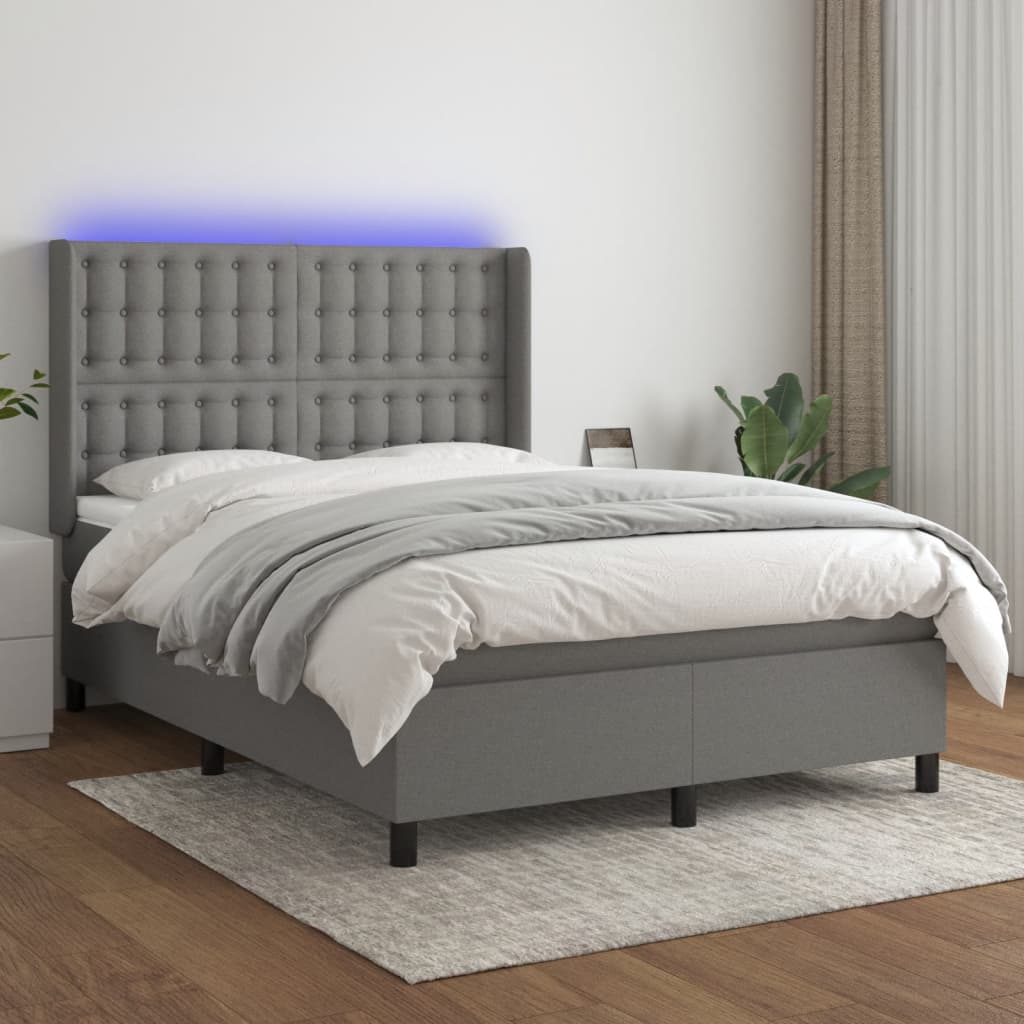 Boxspring met matras en LED stof donkergrijs 140x200 cm – afbeelding 1