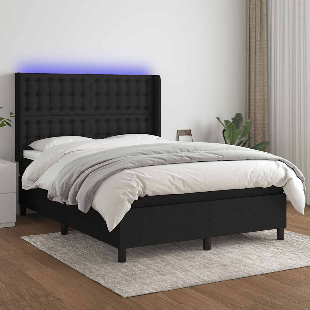 Boxspring met matras en LED stof zwart 140x200 cm – afbeelding 1