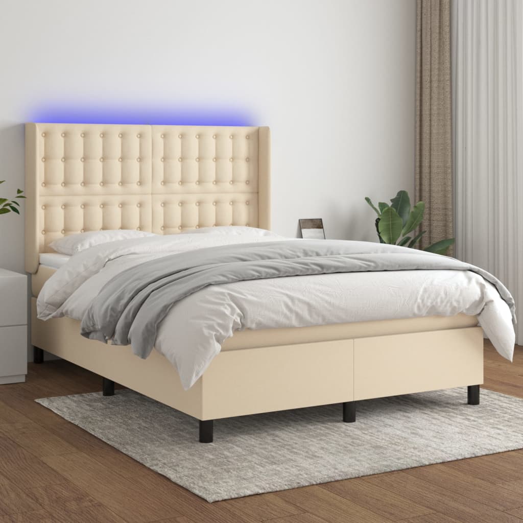 Boxspring met matras en LED stof crèmekleurig 140x200 cm – afbeelding 1