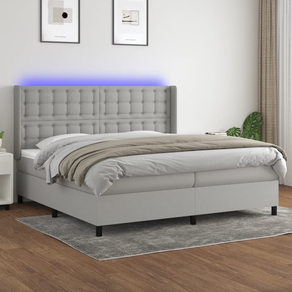 Boxspring met matras en LED stof lichtgrijs 200x200 cm – afbeelding 1
