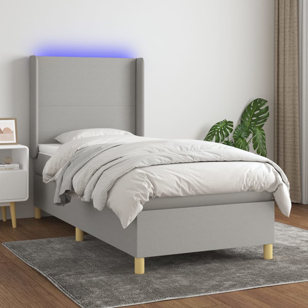 Boxspring met matras en LED stof lichtgrijs 90x190 cm – afbeelding 1