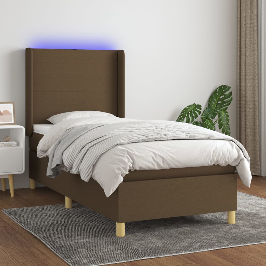 Boxspring met matras en LED stof donkerbruin 90x190 cm – afbeelding 1