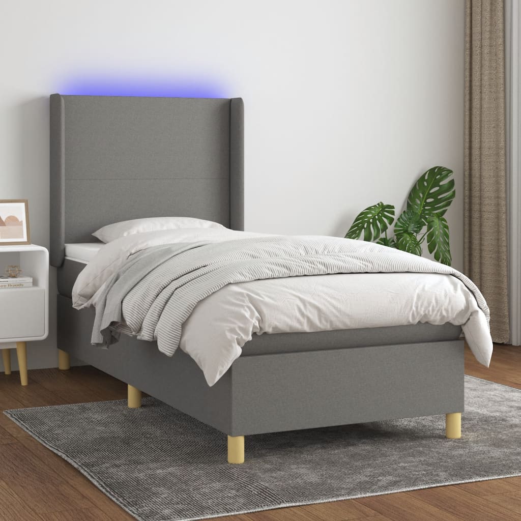 Boxspring met matras en LED stof donkergrijs 90x200 cm – afbeelding 1