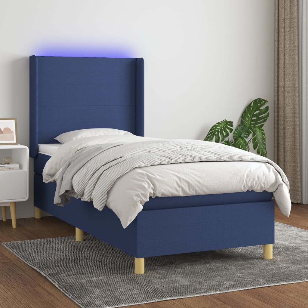 Boxspring met matras en LED stof blauw 90x200 cm – afbeelding 1