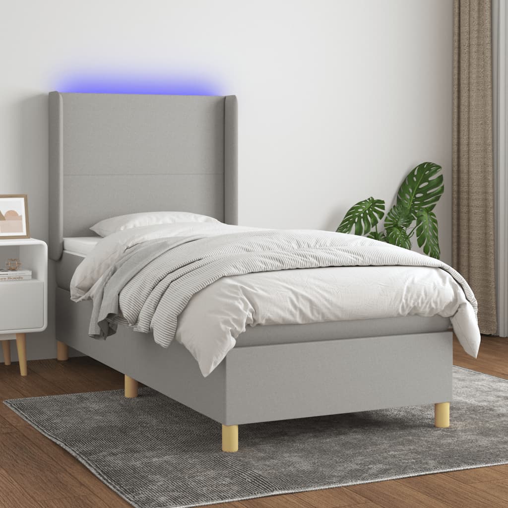 Boxspring met matras en LED stof lichtgrijs 100x200 cm – afbeelding 1