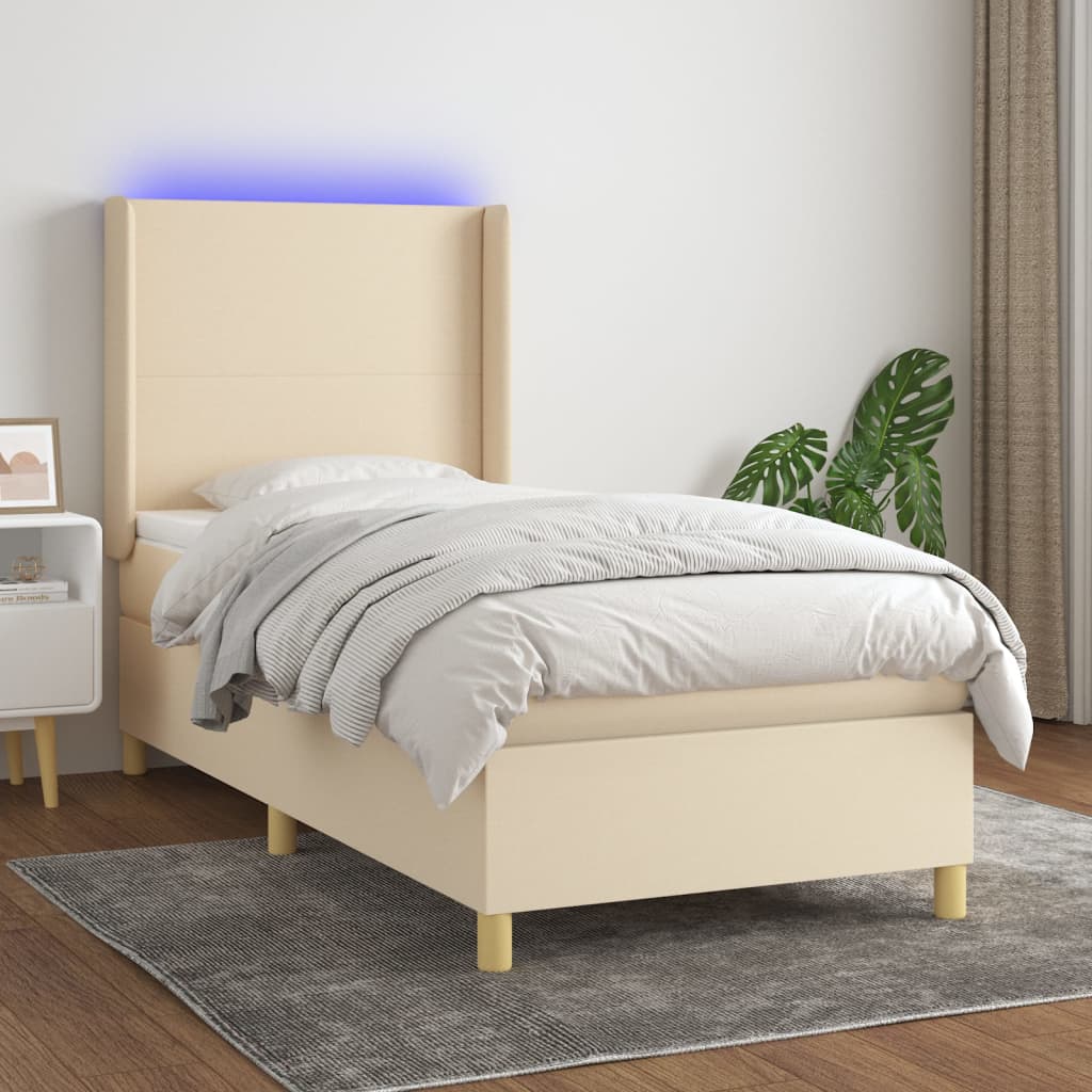 Boxspring met matras en LED stof crèmekleurig 100x200 cm – afbeelding 1