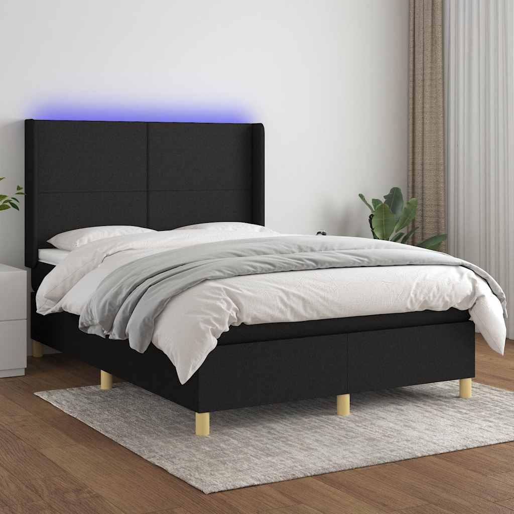 Boxspring met matras en LED stof zwart 140x190 cm – afbeelding 1
