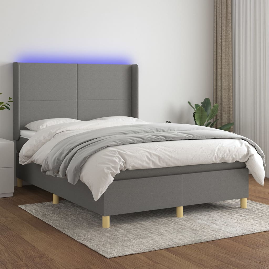 Boxspring met matras en LED stof donkergrijs 140x200 cm – afbeelding 1