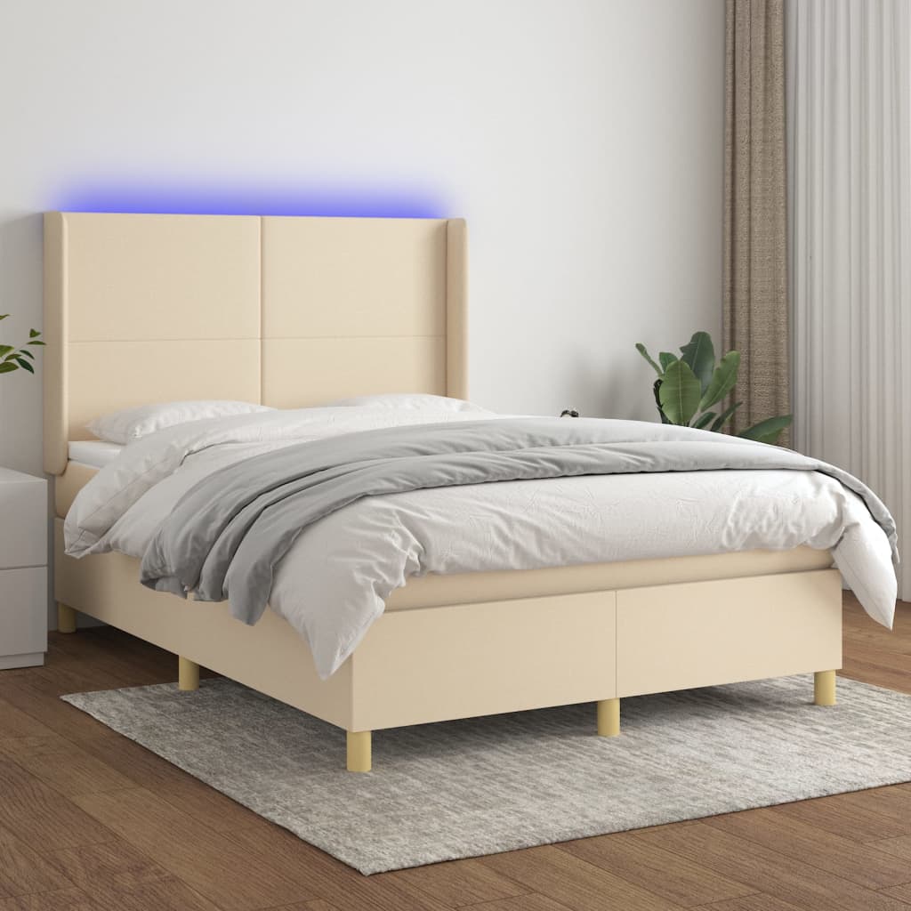 Boxspring met matras en LED stof crèmekleurig 140x200 cm – afbeelding 1