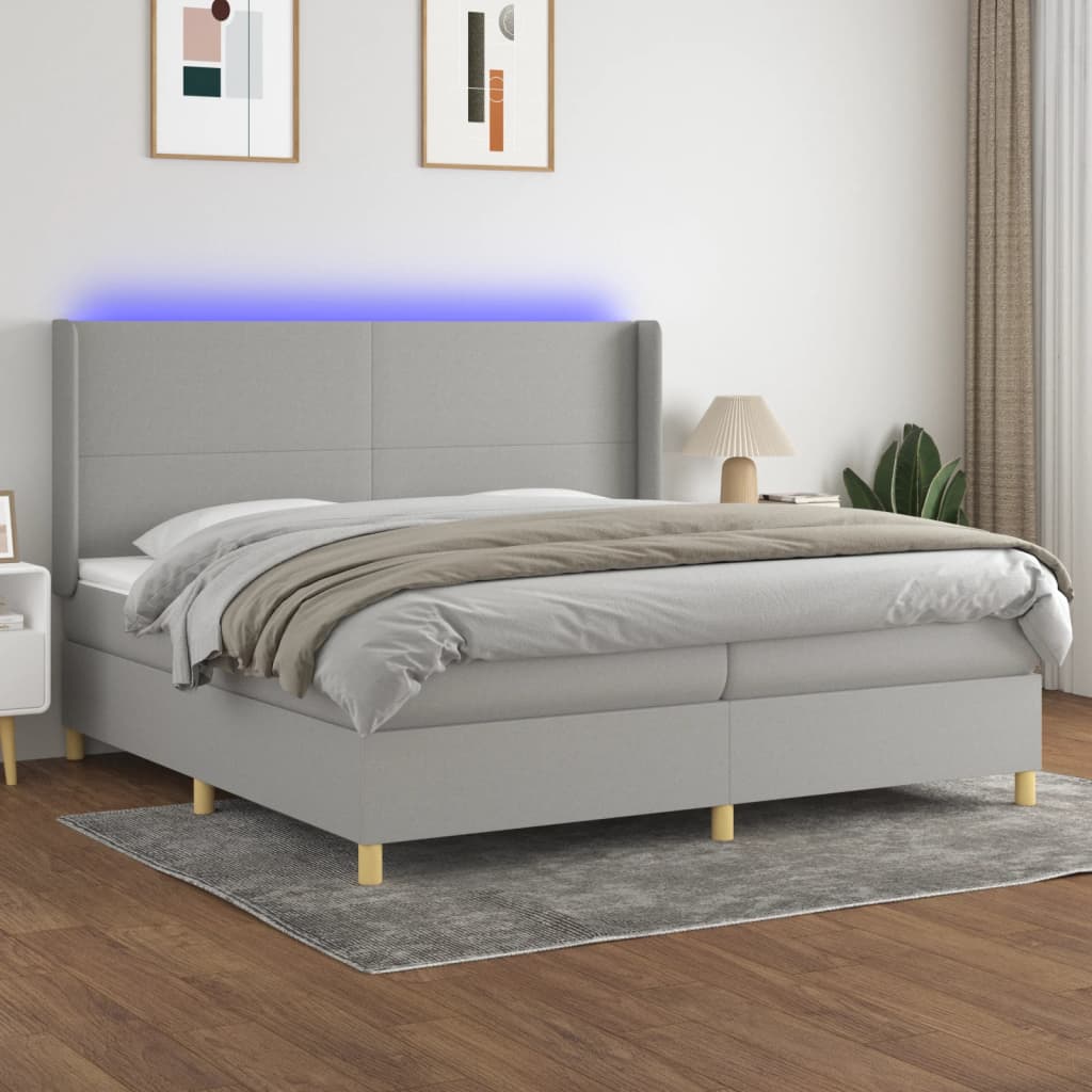 Boxspring met matras en LED stof lichtgrijs 200x200 cm – afbeelding 1