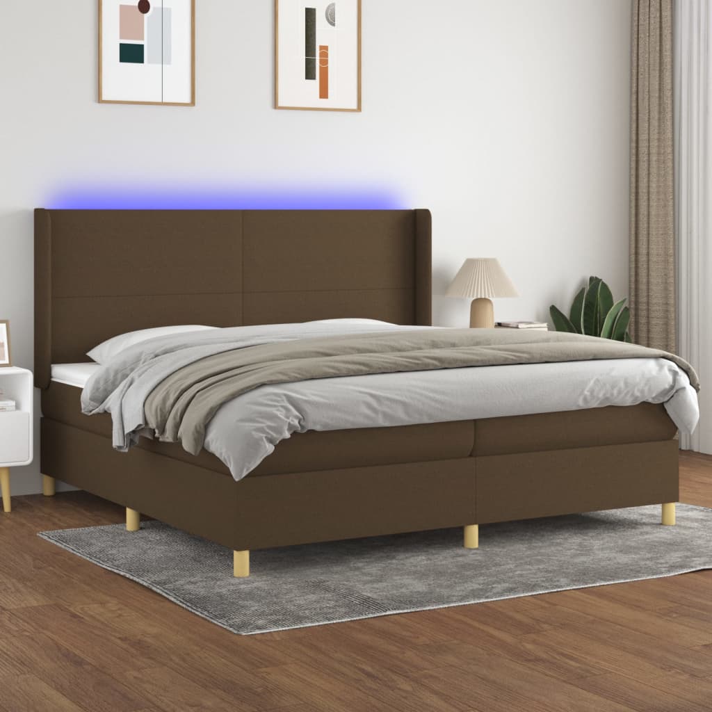 Boxspring met matras en LED stof donkerbruin 200x200 cm – afbeelding 1