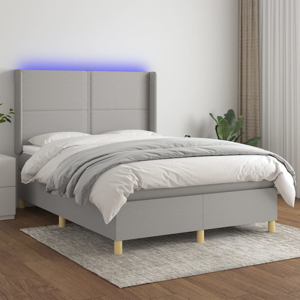 Boxspring met matras en LED stof lichtgrijs 140x200 cm – afbeelding 1