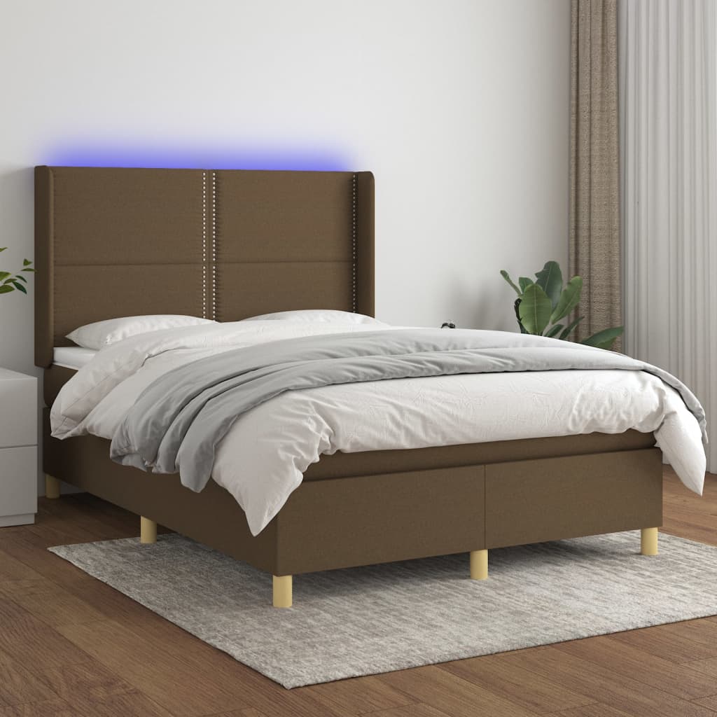 Boxspring met matras en LED stof donkerbruin 140x200 cm – afbeelding 1