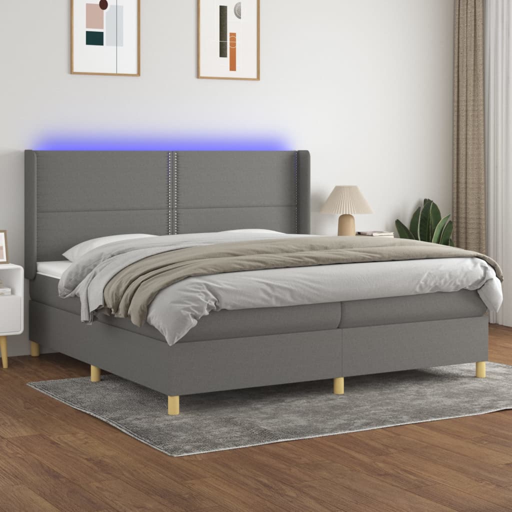 Boxspring met matras en LED stof donkergrijs 200x200 cm – afbeelding 1